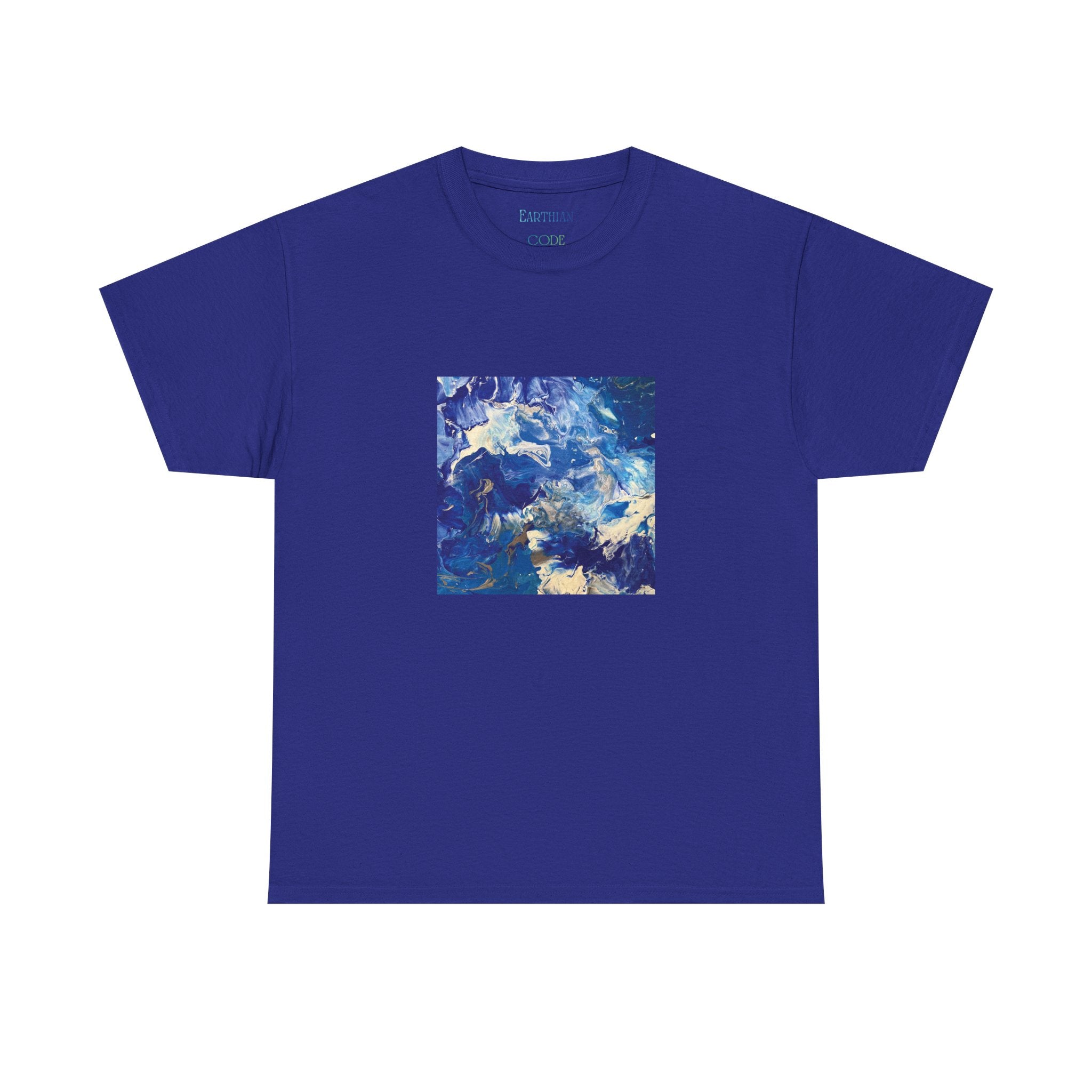 Earth Blue, Silver & White Marble T-Shirt | Abstract Fluid Art Tee - Original Canvas Painting