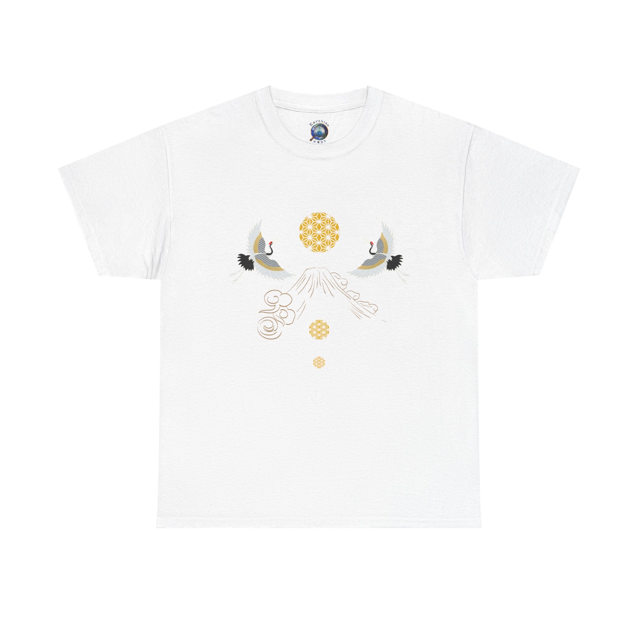 Cranes Harmony T-Shirt, Mount Fuji, Sacred Geometry (Gold)  | Two Cranes Minimalist Japanese Art Tee