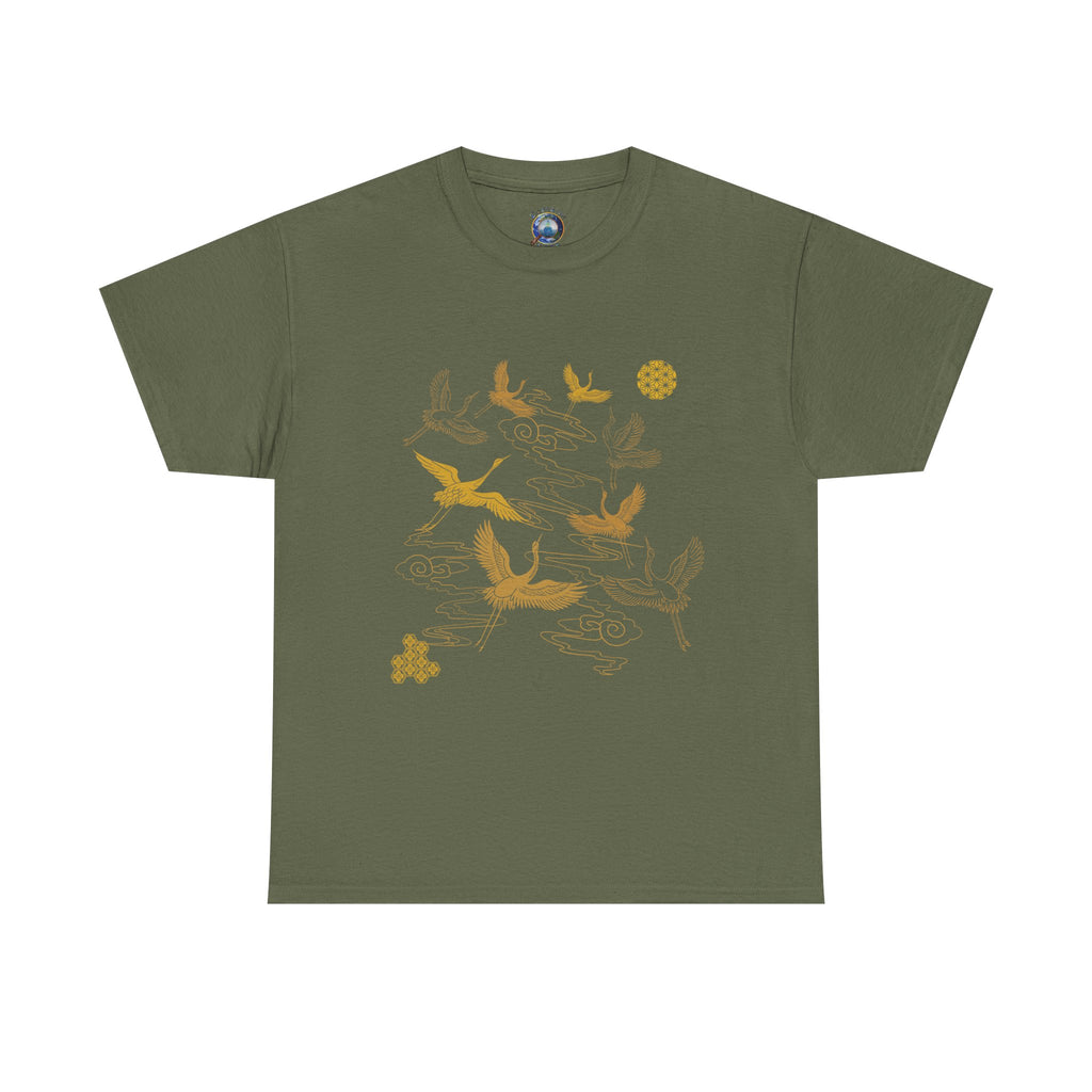 8 Cranes Fly above Gold Cloud Tee — Japanese inspired vintage Crane T-Shirt