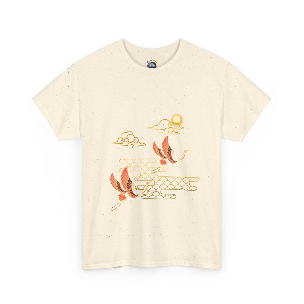 2 Pink Cranes Flying toward Sun - T shirt