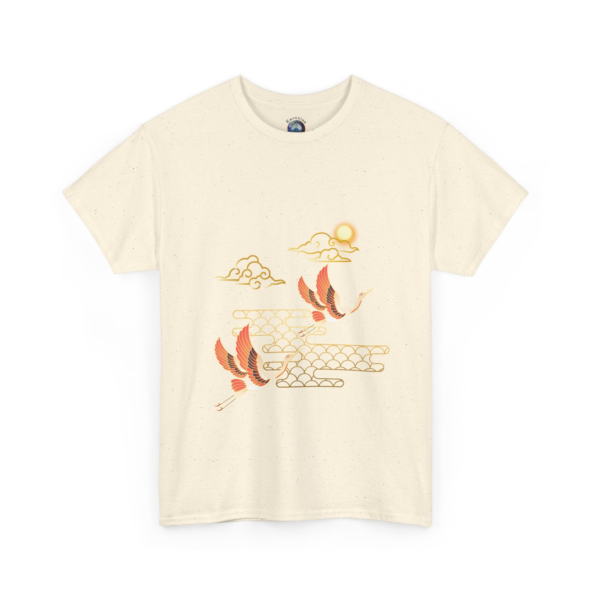2 Pink Cranes Flying toward Sun - T shirt