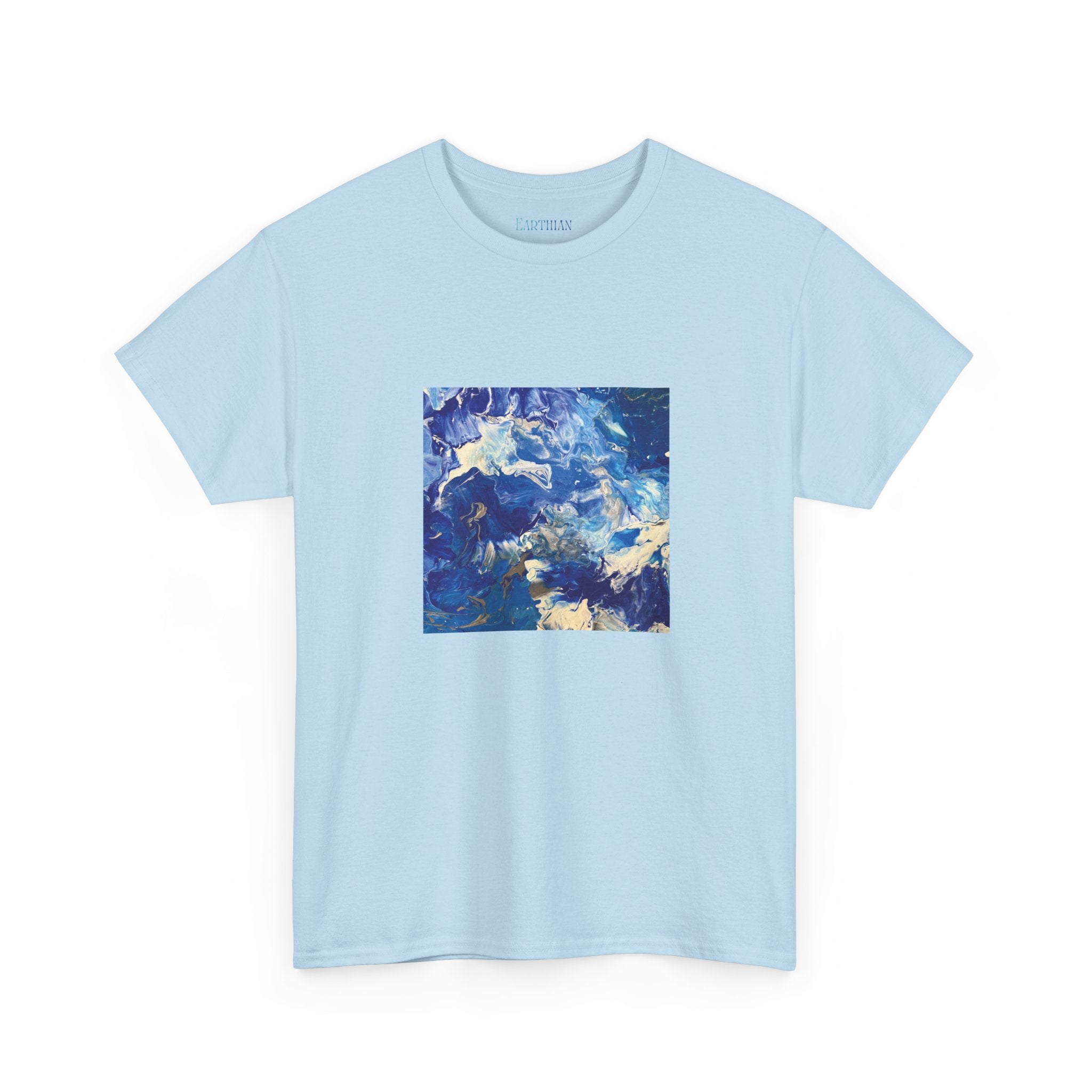Earth Blue, Silver & White Marble T-Shirt | Abstract Fluid Art Tee - Original Canvas Painting