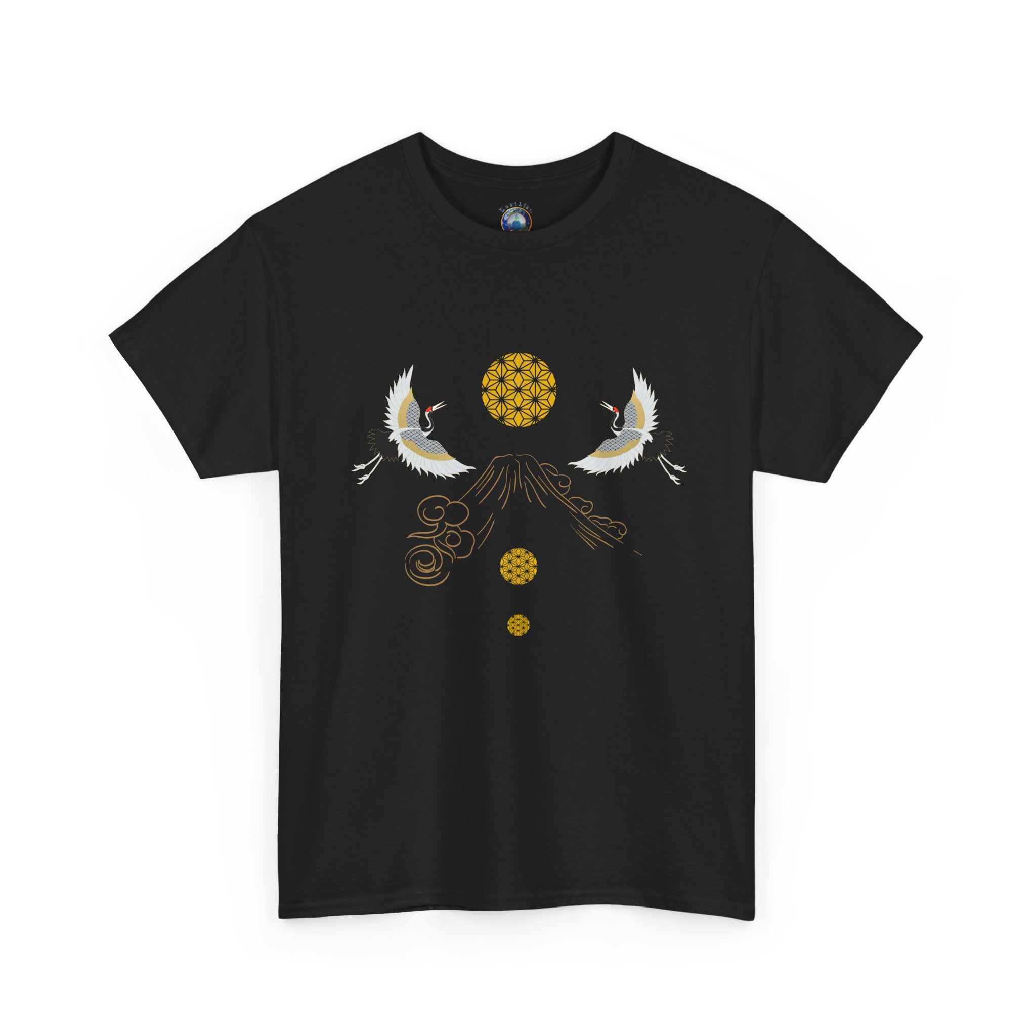 Cranes Harmony T-Shirt, Mount Fuji, Sacred Geometry (Gold)  | Two Cranes Minimalist Japanese Art Tee