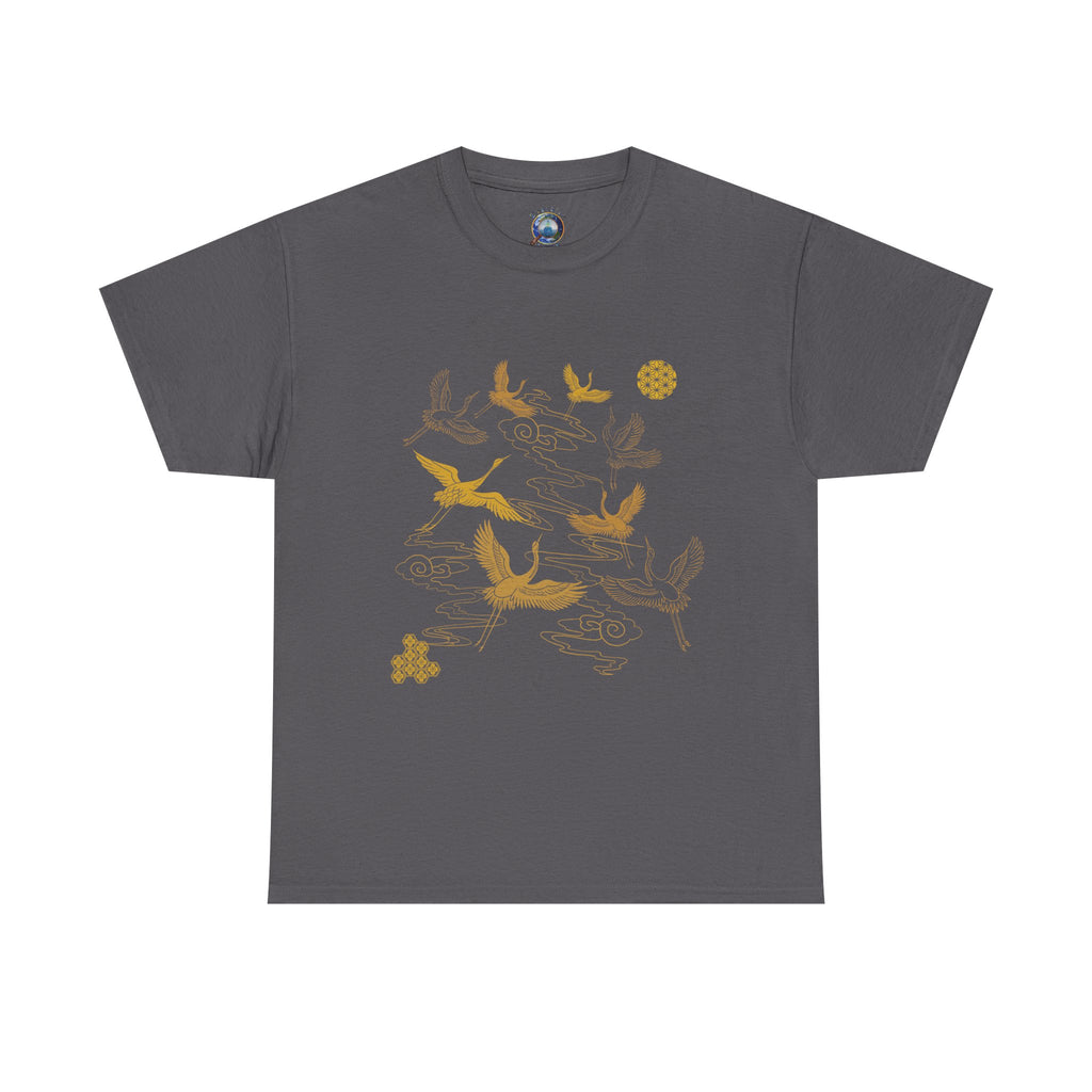 8 Cranes Fly above Gold Cloud Tee — Japanese inspired vintage Crane T-Shirt