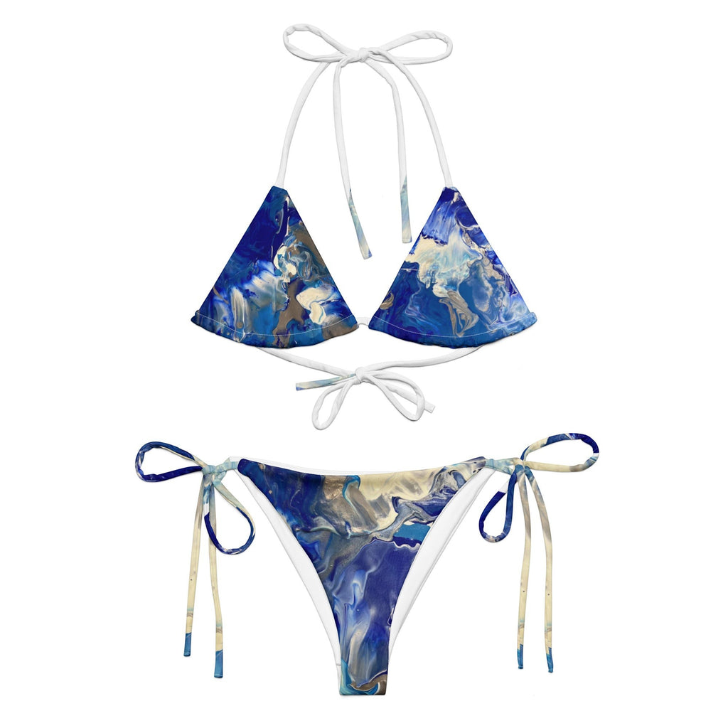 My Store blue and white abstract print recycled string bikini set with white ties and removable padding.