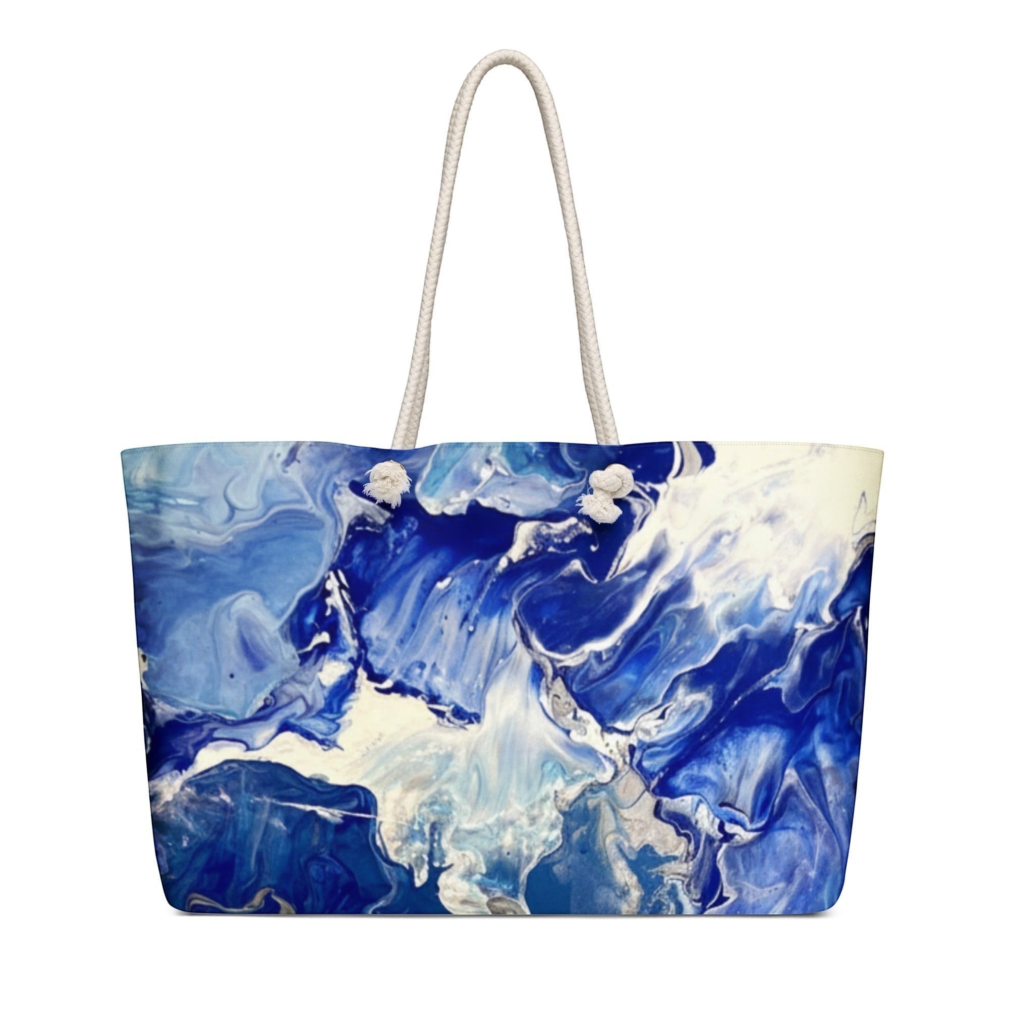 My Store weekender bag with blue and white abstract print, cream rope handles, 100% spun polyester exterior.