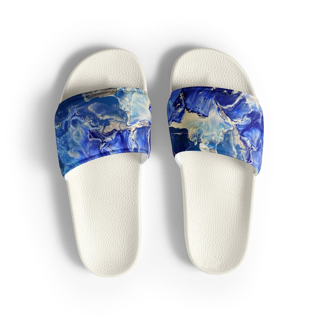 My Store women's earth blue abstract art slides with faux leather upper and PU outsole.
