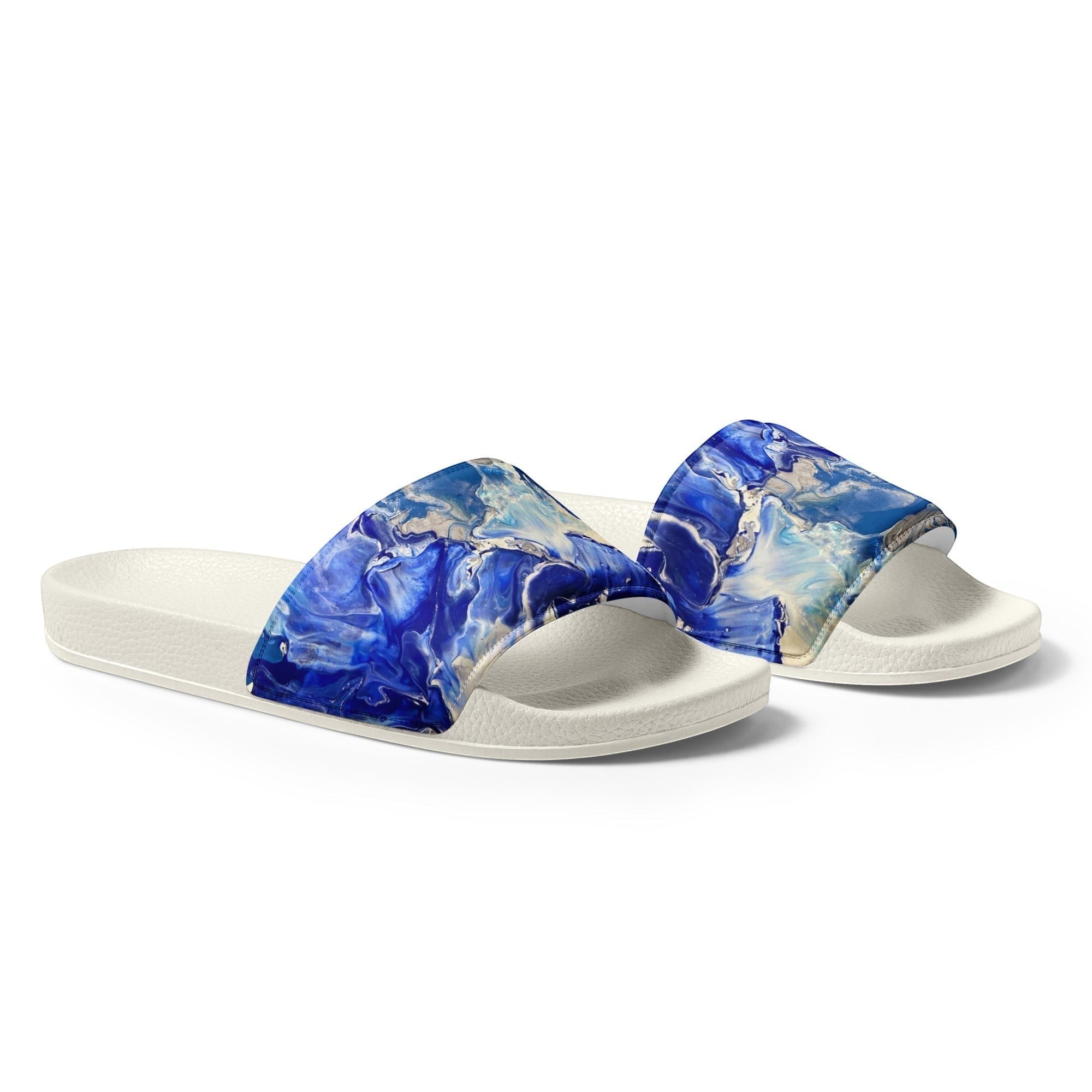My Store women's earth blue abstract art slides with faux leather upper and PU outsole.