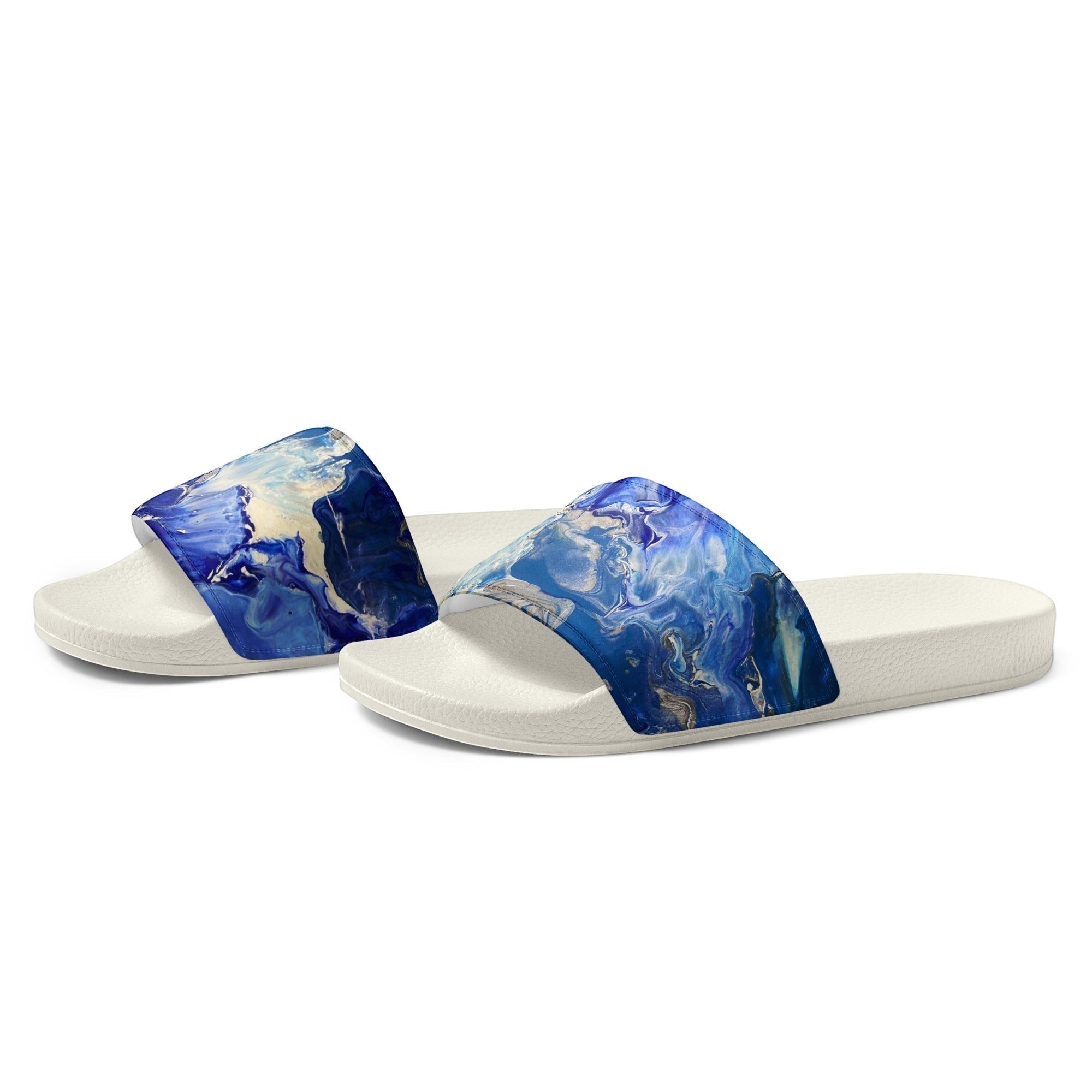 My Store women's earth blue slide sandals with abstract blue and white marble pattern on faux leather strap.